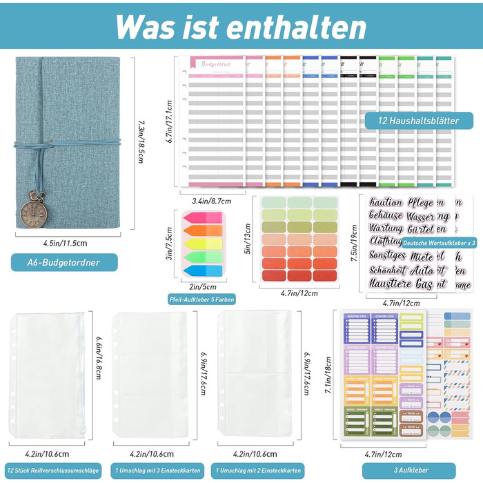 Німецький Bugetplaner Німецький стартовий набір з 12 шт. Конверт Метод Швидкозшивач, Бюджетний Біндер А6 Замша Інструкція для початківців Бірюзово-зелений