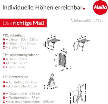 Драбина Hailo L80 ComfortLine в комплекті зі сходовою платформою TP1 - складна алюмінієва драбина з 4 запобіжними сходинками розміру XXL - робоча платформа зі стійкою алюмінієвою рамою - з навантаженням до 150 кг 4 сходинки з сходовою платформою