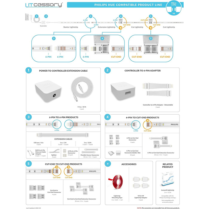 Контактний до укороченого кінцевого роз'єму для Philips Hue Lightstrip Plus (4 шт., білий - MICRO 6-контактний V4) білий (Micro 6-pin) - V4 4 шт., 6-