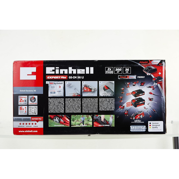 Акумуляторна газонокосарка Einhell GE-CM 36 Li Kit Power X-Change (36 В, ширина зрізу 36 см, до 350 м, безщіткова, травозбірник 40 л, висота зрізу 25-75 мм, вкл. 2 акумуляторні батареї 3,0 А-год та 2 зарядні пристрої) без комплекту для мульчування