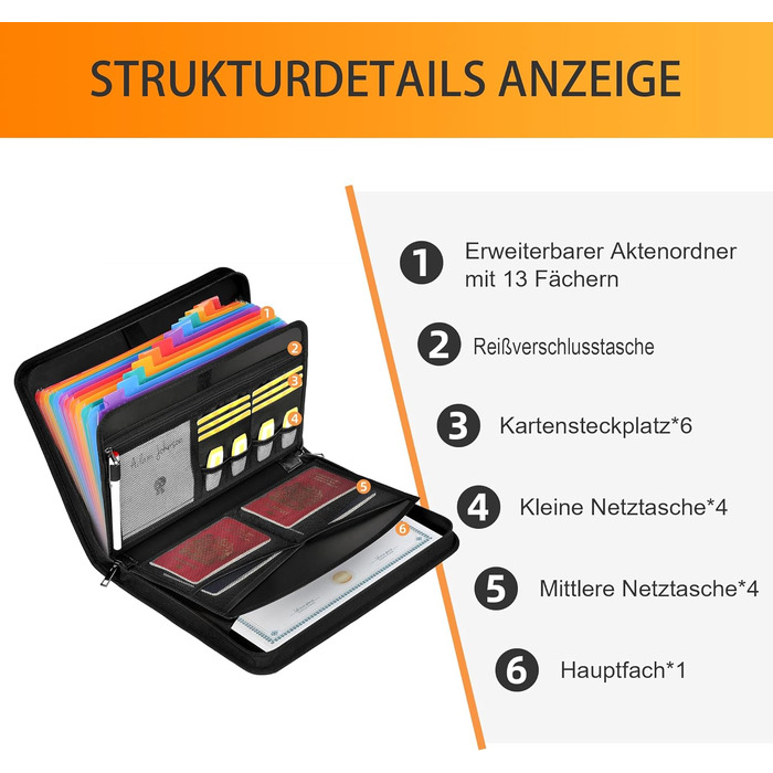 Папка для документів A4 з 13 відділеннями та кількома відділеннями - Вогнетривка сумка для документів із застібкою-блискавкою та етикетками - для файлів формату А4 Закордонний паспорт Квитанція та інше (L, барвистий акордеон з 13 кишенями, чорний), 4 -