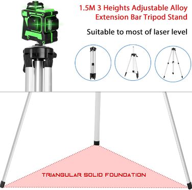 Самовирівнюючий зелений лазерний рівень зі штативом, 2400mAh*2 Батарея 12 ліній Cross Line Laser 1.5 м, регульований по висоті подовжувальний штатив з полюсом, 3x360