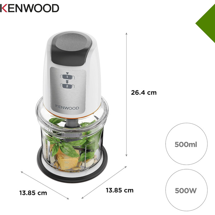 Подрібнювач Kenwood Easy Chop CHP61.100WH, електричний міні-універсальний подрібнювач з 2 налаштуваннями швидкості, робочий контейнер 0,5 л, 500 Вт, білий робочий контейнер 0,5 л 500 Вт