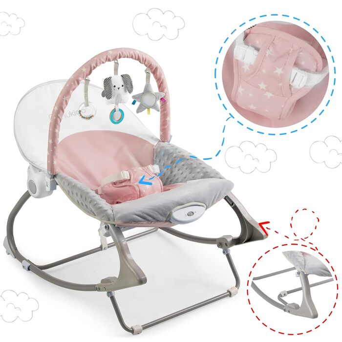 Дитяча гойдалка Nukido Baby Bouncer з музикою - Металевий каркас і міцний пластик - Замок-гойдалка - Вібраційна система - Додаткова іграшка Montesorri - 48 x 62 см - (Рожевий)