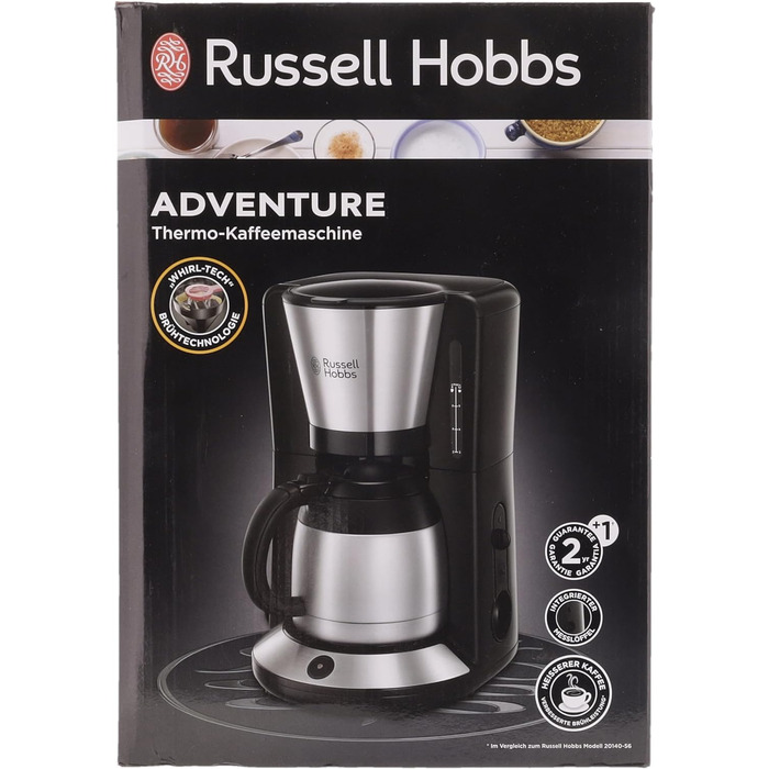 Кавоварка Russell Hobbs душова лійка для оптимальної екстракції та аромату Adventure (макс. 8 чашок, термоглечик 1,0 л, автоматичне вимкнення, крапля-стоп, 1100 Вт) Кавоварка з фільтром 24020-56, чорна