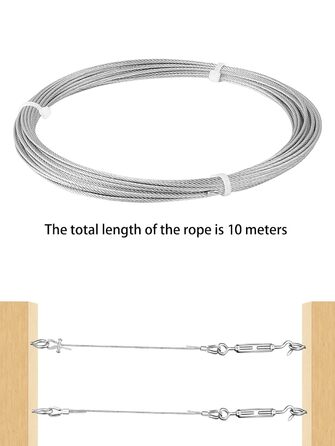 Трос Abimars з нержавіючої сталі 304 Сталевий трос Садовий дротяний трос, з дротяними наперстками, алюмінієвими рукавами, ідеально підходить для рослин, допоміжний засіб для скелелазіння, для підвішування виробів (10 м)