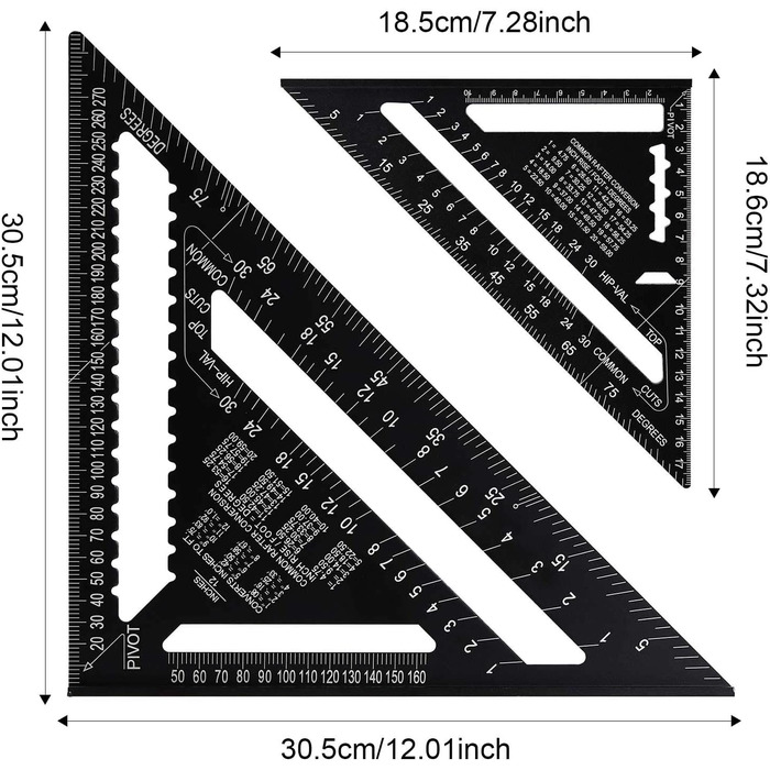 И теслярський кутник 12 дюймів і 7 дюймів, 45 90 градусів потовщений трикутник транспортир метричний теслярський кутник багатофункціональний інструмент для письма для тесляра, покрівельника, інженера, 2 шт.