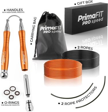 Скакалка PrimaFIT для дорослих Fitness Pro Швидкісна скакалка 3 м регульована з обтяженнями, 2 кульковими підшипниками та протиковзкими ручками, професійні стрибки для боксу, ММА, кросфіту, додаткова сталева мотузка, сумка (помаранчева)