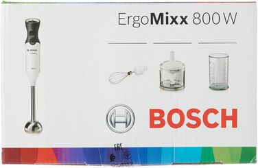 Ручний блендер Bosch ErgoMixx MS6CA4150, ніжка блендера з нержавіючої сталі, чашка для змішування та вимірювання, віночок, 4-лезовий ніж, легкий корпус, 12 рівнів плюс турбошвидкість, 800 Вт, білий/антрацит