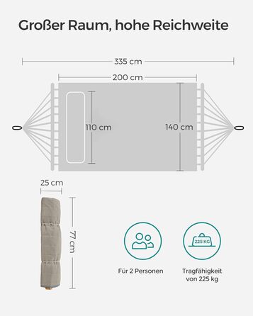 Гамак для 2 осіб, м'який, відкритий гамак з відокремлюваними бамбуковими жердинами, кемпінговий гамак з подушкою, 200 x 140 см, максимальне навантаження 225 кг, сіро-бежевий GDC34CG сірий бежевий