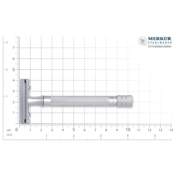 Безпечна бритва MERKUR 22C Матовий сатин Бритва з трьох частин з прямим зрізом Закритий гребінець Ідеально підходить для вологого гоління Цинкове лиття під тиском Латунна рукоятка Зроблено в Німеччині