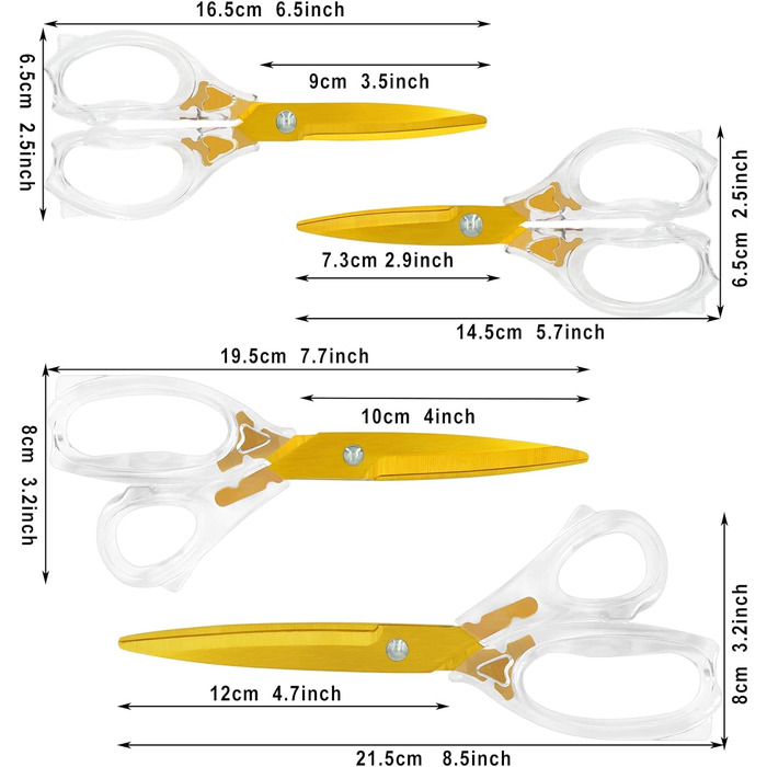 Ножиці CCR, золоте титанове покриття, побутові ножиці, прозорі акрилові ручки, гострі леза, набір ножиць для кравця, дім, офіс, школа, подарунок, набір із 4 шт.
