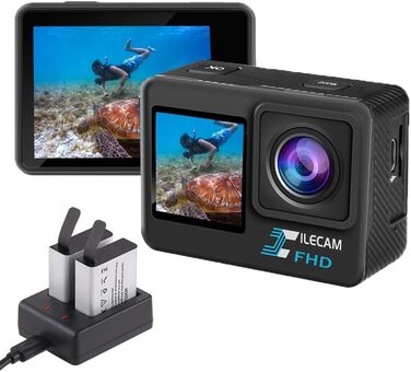 Водонепроникна камера Xilecam з подвійним екраном Action Cam 1080P /WiFi, 4-кратне збільшення, 131 фут (40 м), водонепроникна підводна камера з 2 батареями 1050 мАг і багатофункціональними аксесуарами (L300)