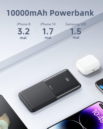 И, Power Bank USB C Портативний зарядний пристрій Зовнішній акумулятор мобільного телефону 2 USB USB C 2.4A Вихідні порти для смартфонів, iPhone, Samsung, Huawei, телефонів Android та інших Black Black & Black, 10000mAh 2 шт.