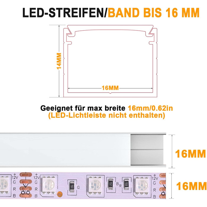 Алюмінієвий світлодіодний профіль Angdarun 12 упаковок, світлодіодний профіль для світлодіодної стрічки шириною до 16 мм, смуга/смуга, алюмінієвий профіль 1 м/3,3 фута для світлодіодного каналу, алюмінієвий профіль для світлодіодної стрічки для прикраси д