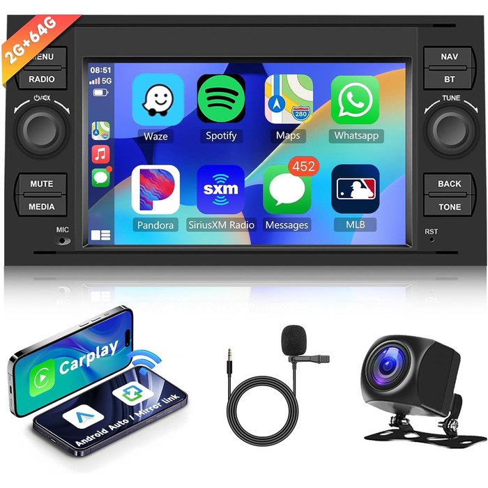 Автомобільна стереосистема Hodozzy 2G64G Android для Ford Transit/Fiesta/Focus/Galaxy/Mondeo/Fusion/Kuga/C-Max/S-Max/Connect, Carplay Android Car, 7-дюймова радіостанція з сенсорним екраном Bluetooth 2 Din Navi WiFi HiFi