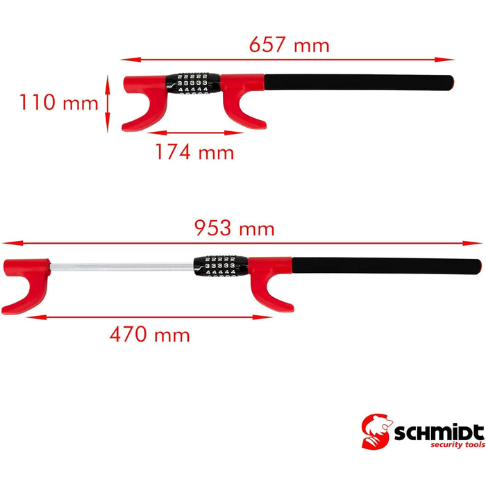 Інструменти безпеки SCHMIDT Кіготь рульового колеса, Дуже довгий замок керма, Іммобілайзер, Захист від викрадення автомобіля, Замок керма з кодовим замком без ключа для легкових автомобілів, будинків на колесах і вантажівок