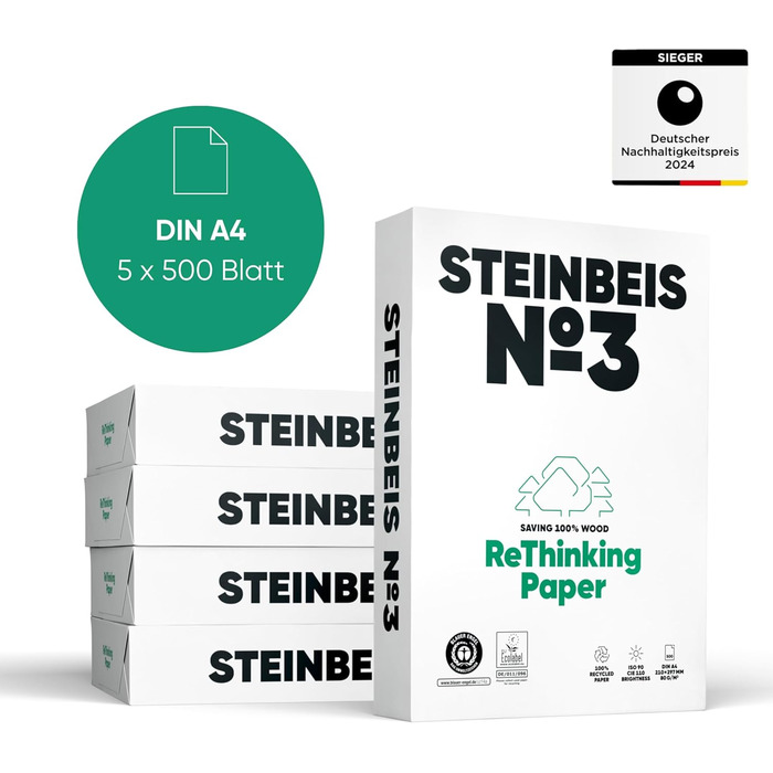 Папір для принтера Steinbeis No. 3 перероблений папір формату DIN A4 80 г/м, білий і без хлору, високоякісний копіювальний папір на 2500 (5 x 500) аркушів ISO 90 / CIE 110