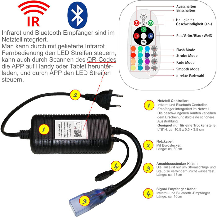 Метрів 230V 5050 SMD 60LEDs/M Багатобарвна RGB світлодіодна стрічка зі ступенем IP20 Bluetoothінфрачервоний контролер живлення Пульт дистанційного керування Bluetoothінфрачервоний контролер IP20 30 метрів, 30