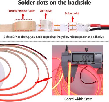 Мм шириною Червона світлодіодна стрічка COB 5M 400Led/M Світлодіодна стрічка Самоклеюча неводонепроникна світлодіодна стрічка високої яскравості IP20 для прикраси внутрішнього будинку (лише стрічка), 12V 5