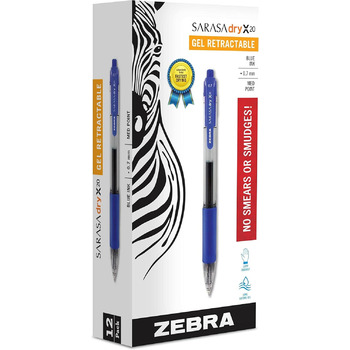 Гелева ручка Zebra Pen Sarasa Dry X20, висувна, середній наконечник, 0,7 мм, синє чорнило, упаковка 12 шт.