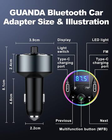 Передавач автомобільний, Dual PD 40 Вт Type-C USB автомобільний швидкий зарядний пристрій, дзвінки в режимі гучного зв'язку, бездротовий автомобільний адаптер Bluetooth з мікрофоном, музичний плеєр HiFi звук MP3 Аудіоприймач автомобільного радіо, 5.3 FM-