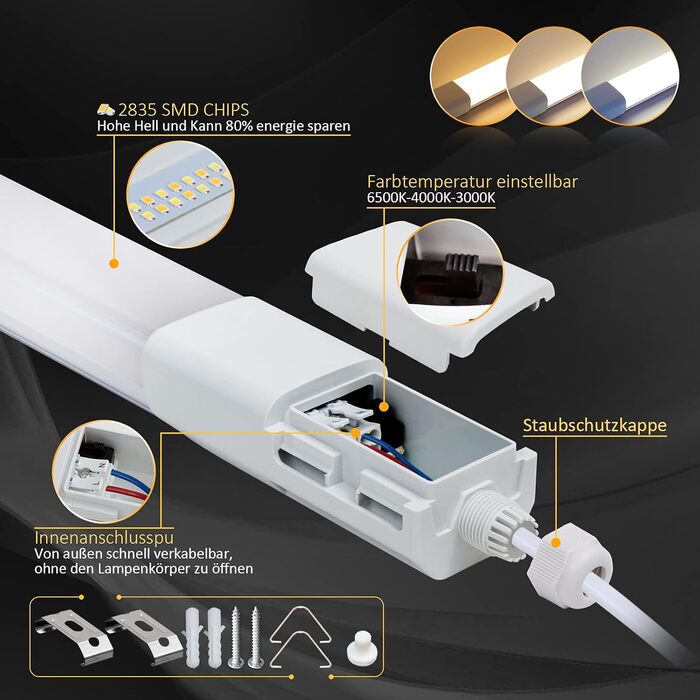 Упаковка з 3 Світлодіодне вологе світло 120 см, світлодіодна трубка 36 Вт 4300 ЛМ, холодна біла лампа для майстерні 6500K, водонепроникна підвальна лампа IP65, світлодіодне освітлення з послідовним підключенням для гаража універмагу Вологе приміщення 3 x 