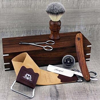 Повний набір для гоління Rosewood Old Style Classic Barber - вінтажне гоління - Пряма бритва, шкіряні ремінці, синтетична щітка для борсука, ножиці для догляду за носом і коробка для гоління з палісандра