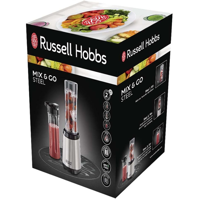 Блендер Russell Hobbs - міксер і смузі-машина на винос потужність двигуна 23 500 об/хв в т.ч. 2 шт. глечик блендера 600 мл (без бісфенолу А, посудомийна машина та кришка, що не б'ється) Подрібнювач, нержавіюча сталь, 23470-56