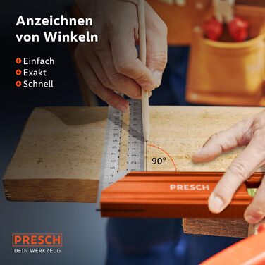 Кут зупинки Presch - Висока точність і нержавіюча сталь - Інноваційний ударний датчик 25 см - Точний кут столяра з рівнем спирту та шпилькою для максимальної універсальності - Ідеальний 90 і 45 (200 мм)