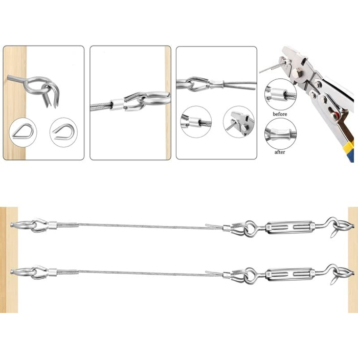 Набір мотузок з нержавіючої сталі TooTaci 2 мм, набір шпалер для тросів, натягувач мотузки M5 з нержавіючої сталі та 304 натяжний дріт з нержавіючої сталі в ПВХ оболонці, сталевий трос з вушками, набір для натягу мотузки для підвісів, огорожі, штор, саду 