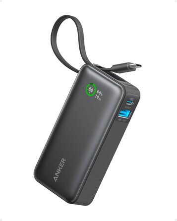 Powerbank Anker 10 000 мАг з вбудованим кабелем USB-C, максимальна потужність PD 30 Вт, USB-C, USB-A, чорний