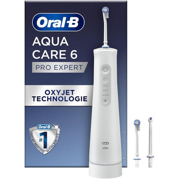 Акумуляторний іригатор для порожнини рота Oral-B AquaCare 6, 3 змінні насадки, очищувач міжзубних проміжків, дбайливе чищення зубів і здоров'я ясен, технологія Oxyjet, 3 режими для догляду за зубами, подарунок чоловіку/жінці, білий/сірий