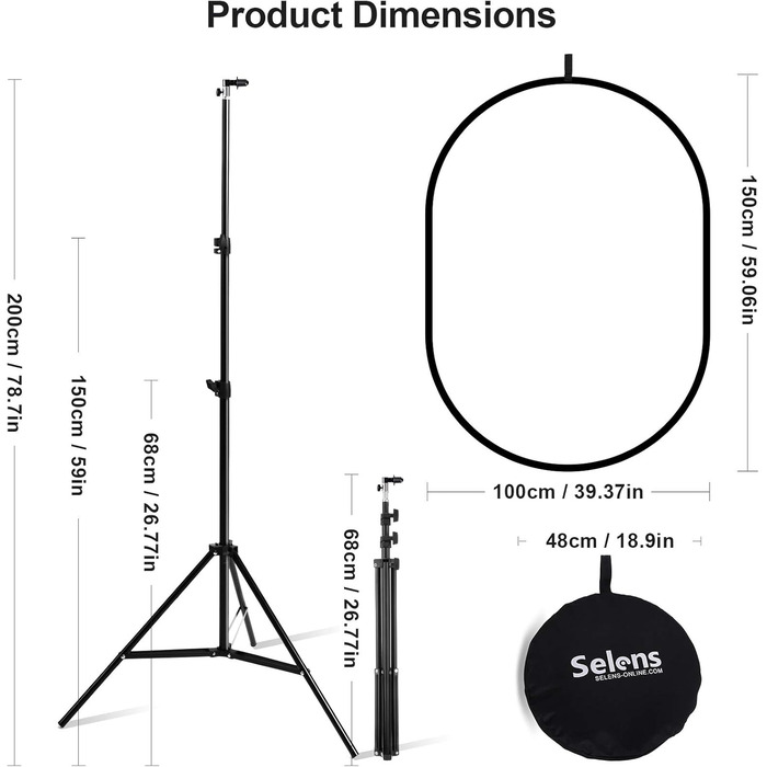 Набір висувних розсіювачів світла Selen розміром 149,9 x 99,1 см, з підставкою для світла 1,8 м і тримачем для затискача для фотостудії, портрета та зйомки продуктів 39x59 дюймів зі світловою підставкою 6,6 футів