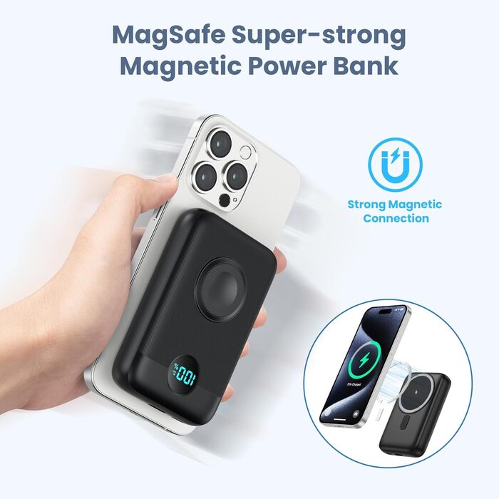 Магнітний Power Bank 10800mAh для MagSafe, 4-в-1, QC4.0 PD 22.5W USB-C швидка зарядка,  зі світлодіодним дисплеєм , чорний