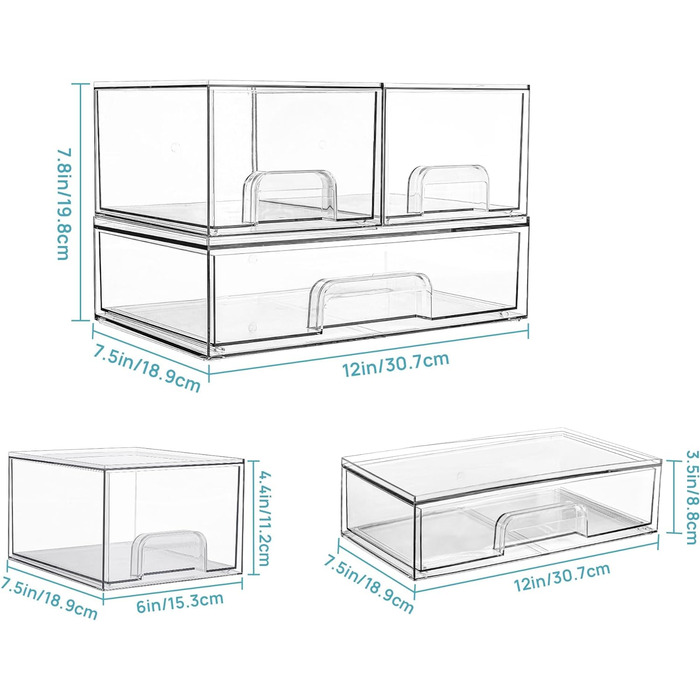 Коробки Vtopmart для зберігання з 3 висувними ящиками, прозорий органайзер для туалетного столика, шухляда-органайзер, яка використовується для ванної кімнати, туалетний столик, письмовий стіл