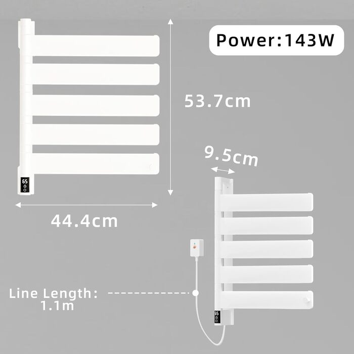 Рушникосушка електрична Білий радіатор для ванної кімнати Електричний зі світлодіодним дисплеєм поворот на 180 Електричний полотенцесушитель з таймером/регульованою температурою Інтелектуальний термостат - 53,744,49,5 см