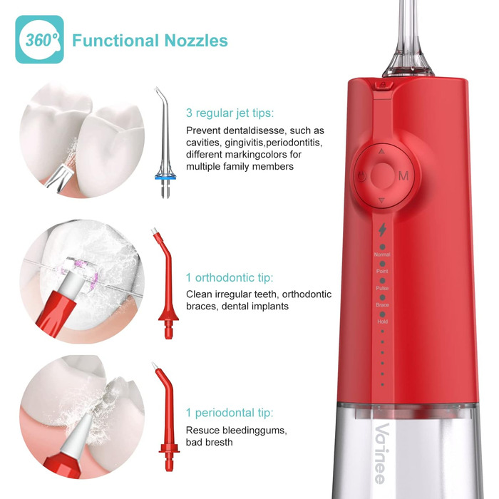 Бездротовий іригатор порожнини рота Voinee Care, професійний іригатор для порожнини рота з 5 режимами очищення, 6 рівнями тиску та 5 змінними насадками, що обертаються на 360, водонепроникний IPX7, для чищення зубів (червоний)