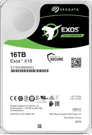 Жорсткий диск Seagate Exos X18 Enterprise на 16 ТБ, CMR 3,5 дюйма, високошвидкісний SATA 6 Гб/с, 7 200 об/хв, 512e, 4Kn FastFormat, низька затримка з покращеним кешуванням, номер моделі ST16000NM000J (Refurbished) SATA 16 To 512E/4KN