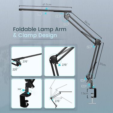 Настільна лампа для домашнього офісу, настільна лампа затискна, лампа архітектора з адаптером QC3.0, лінза Френеля, настільна лампа, 5 колірних режимів і яскравості, лампа-затискач з функцією пам'яті, чорний