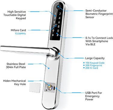 Тонкий дверний замок із відбитком пальця Ruveno, розумний дверний замок із ручкою, цифровий дверний замок, інтелектуальний замок проти крадіжки (сріблястий)