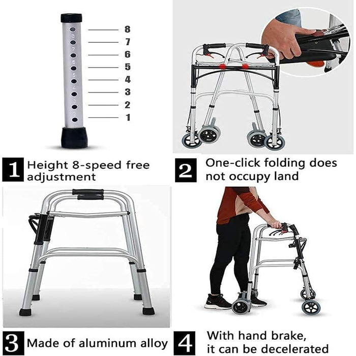 Допоміжні засоби для ходьби для людей похилого віку, Розбірні ходунки, Допоміжні засоби для ходьби, портативні, легкі, з передньою підніжкою, з колесами, Допоміжний засіб для ходьби з алюмінієвого сплаву, 8-швидкісне регулювання висоти для людей похилого 