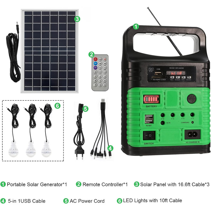 Портативна електростанція на сонячному генераторі, з сонячною панеллю та світлодіодними лампами, з функцією радіо Bluetooth MP3, для кемпінгу на відкритому повітрі, надзвичайної риболовлі, полювання, подорожей (зелений)