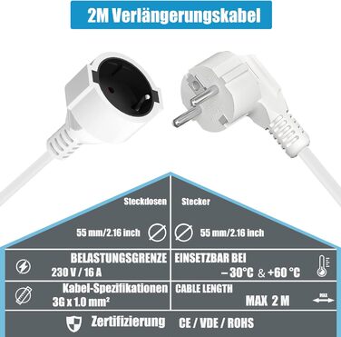 Подовжувач Schuko, спіральний подовжувач із заземленим контактом 2 м, від 0,6 м до 2 м макс, спіральний кабель 3G x 1,0 мм, подовжувач IP20 ПВХ, (230 В/16 А) зі штепсельною вилкою та муфтою Schuko, білий