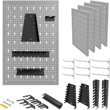 МЕТАЛЕВІ МЕБЛІ Інструмент настінний металевий 160x60x2 см, 4 перфоровані пластини 40x60x2 см, гачки та кронштейни, перфорована стінова майстерня, інструментальна стінка металева перфорована стіна, аксесуари для майстерні, перфорована стіна офіс -HPTH001