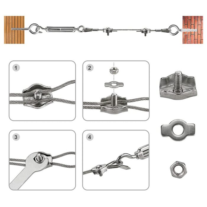 Набір тросів з нержавіючої сталі 60 шт. , сталевий трос 35 м/2 мм для шпалери з натягувачем троса M5, вушко для рим-болта/рим-болта, мотузкові наперстки, алюмінієві затискачі для мотузки, затискачі для дротяної мотузки 35 м/2 мм Комплект тросів