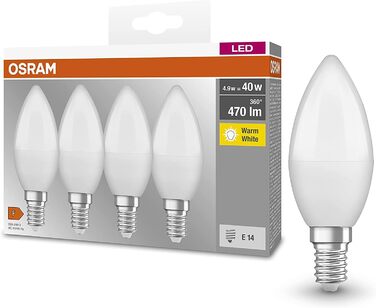 Лампа Osram Lamps LED Base Classic B, у формі свічки з цоколем E14, нерегульована, замінює 5,5 Вт 40 Вт, матова, теплий білий - 2700 Кельвін, 4 шт. (1 упаковка)