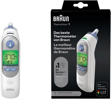 Вушний термометр Braun ThermoScan 7 (точність за віком, кольоровий дисплей температури, лихоманка, безпечний, гігієнічний, клінічно точний, ніжний) IRT6520, ука (1 упаковка), цифровий 6520 білий