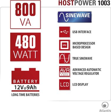 Синусоїда чиста 800 ВА 480 Вт лінійний інтерактивний, РК-дисплей, порт USB-HID, 2 виходи Shuko кабель alim, 1 батарея 12V-9Ah, захист RJ45, безкоштовне програмне забезпечення, 03-HP1003 Continuity Group