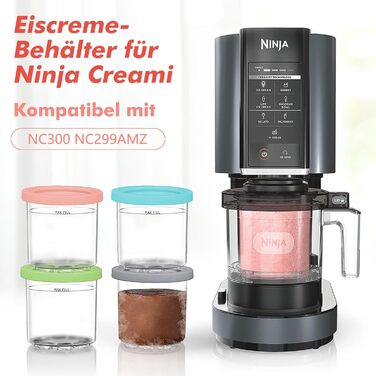 Заміна пінт і кришок Ninja Creami Deluxe - 4 упаковки та BPA, можна мити в посудомийній машині, кольорові кришки, прозорі стаканчики для морозива 16 унцій, сумісні з машиною для морозива NC300 NC299AMZ